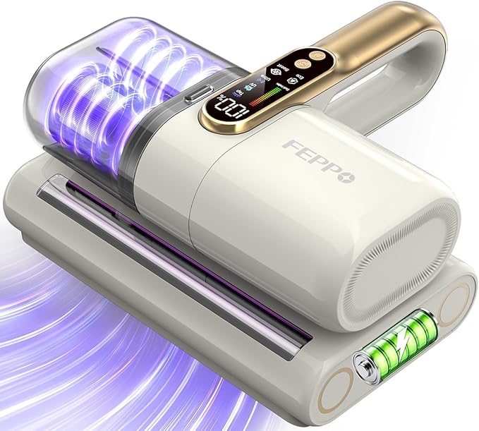 FEPPO Cordless Mattress Vacuum Cleaner, 18Kpa Bed Vacuum with 253.7nm UV-C Light, Ultrasonic, Dust Sensor & LED Display, 52800 BPM Handheld Vacuums for Bed, Sofa, Couch, Crib