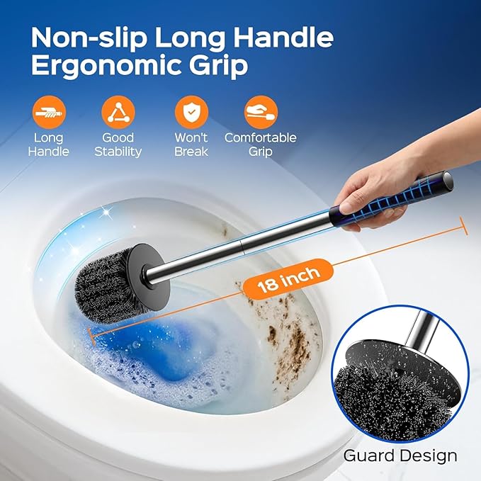 HAMITOR Toilet Bowl Brush Set: Compact Space-Saving Design with Hidden Holder for Small Bathrooms, Apartments & RVs - Bathroom Cleaning Accessories - Rustproof Toilet Scrubber Cleaner Kits Silver
