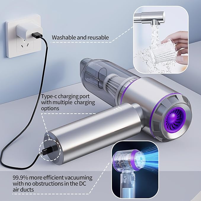 Handheld Car Vacuum Portable Cordless with One-Touch Window Breaker and Seatbelt Cutter 25000Pa High-Power Suction Hand Held Vacuum Cleaner & Air Duster for Car Cleaning (Silver-Purple)