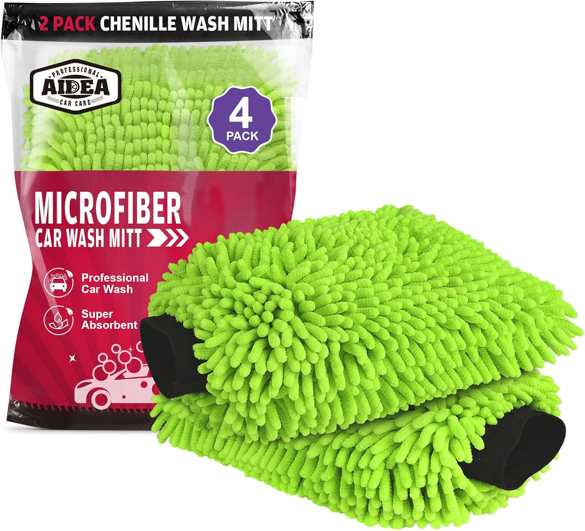 Car Wash Mitt Microfiber, 4PK, Car Wash Brush, Green, 7.12''X10.14''