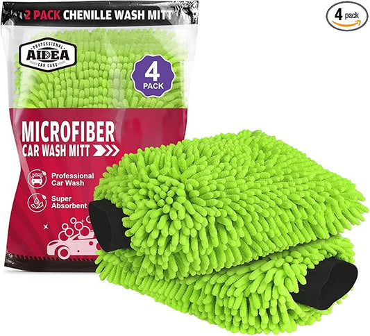 AIDEA Car Wash Mitt Microfiber, 4PK Scratch Free Lint-Free, Premium Chenille Microfiber Mitt Car Wash Brush, Green, Extra Large Size 8''X12''
