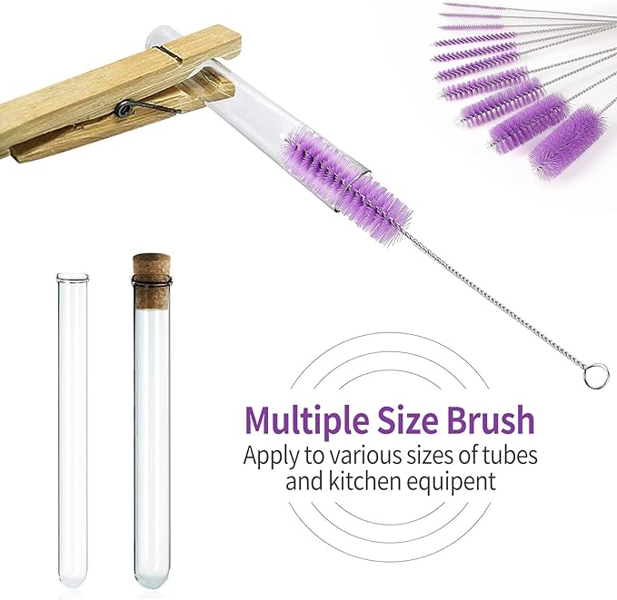 CiaraQ Bottle Cleaning Brushes, 8 Inch Nylon Tube Brush Set, Cleaner for Narrow Neck Bottles Cups with Hook, Set of 10pcs.