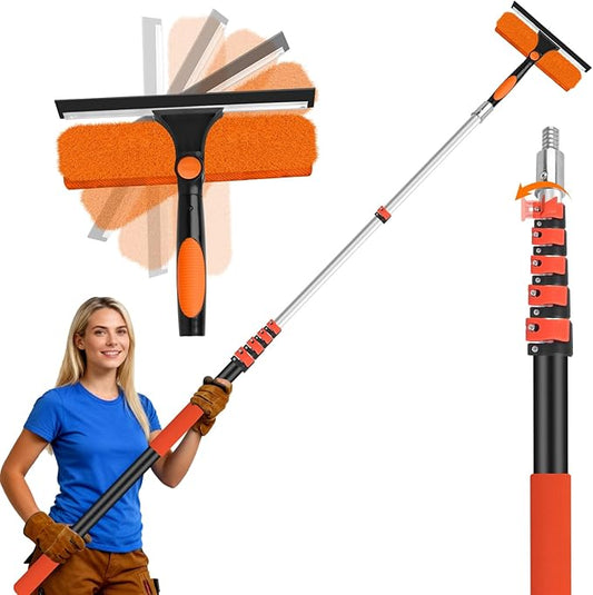 30FT Telescoping Window Squeegee Kit | 2-in-1 Professional Window Washer & Microfiber Scrubber with Extension Pole | High Reach Cleaning Tool for Outdoor, Indoor Windows & Glass