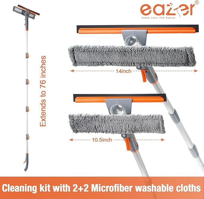 Eazer 3-in-1 Window Squeegee Cleaner, 76'' Spray Window Squeegee with 5-Section Extension Pole, Microfiber and Chenille Cloth, Window Washing Equipment for Indoor/Outdoor Windows, Car Glass