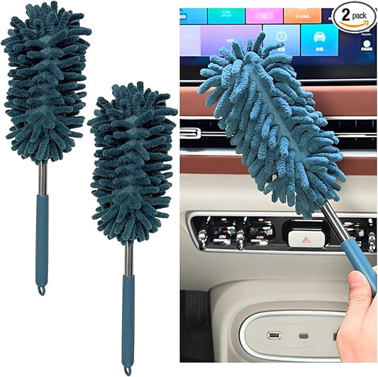 2PCS Car Interior Duster with Extension Pole, 11.8" to 30.5" Retractable Dusters Auto Dash Cleaning Tool, Soft Chenille Hand Washable Dusters for Car Window Furniture Office (Navy Blue)