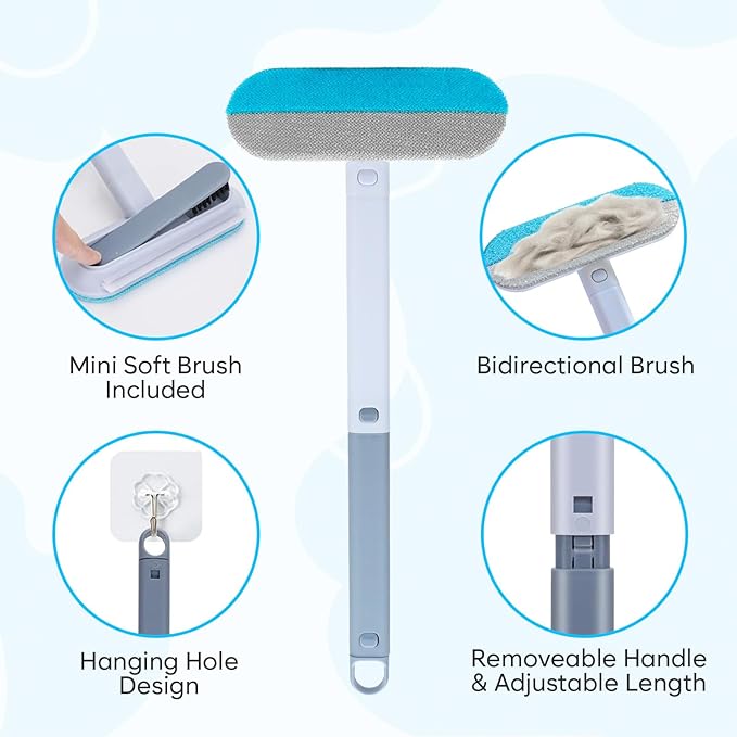 Pet Hair Removal Tool, Reusable Pet Hair Remover for Furniture, Couch, Carpet & Bedding, 17.3" Handle, Wide 7.3" Head, Mini Detail Brush, Easy Clean
