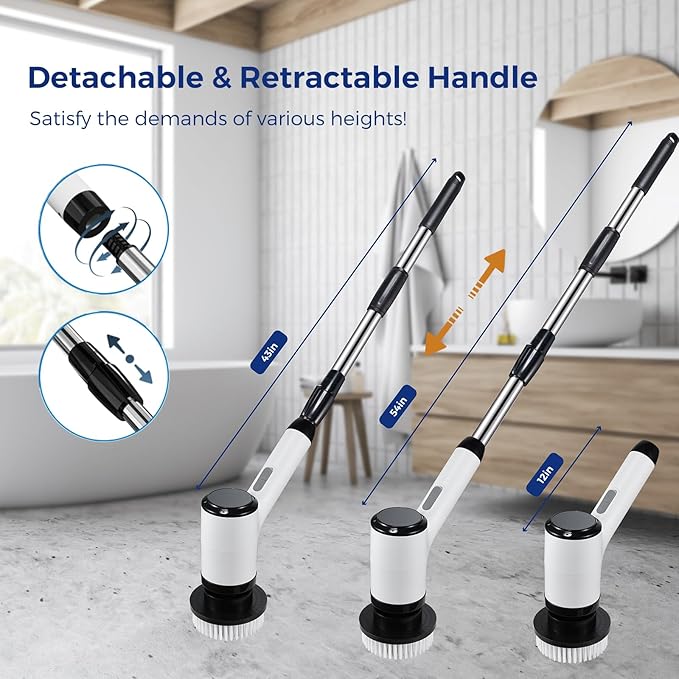 Electric Spin Scrubber, Cordless Power Cleaning Brush with 8 Replaceable Heads, 2 Adjustable Speeds, LED Display & Long Handle, Ideal for Bathroom Tub Tile Floor Car Cleaning