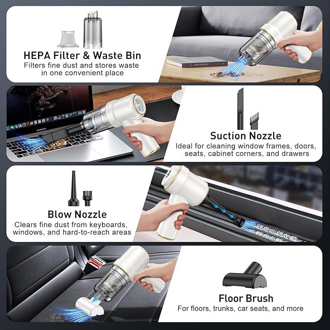 KMM Handheld Car Vacuum Cleaner, 9000PA Vacuum Cleaner & Air Duster, 120W High Power Vacuum Portable Cordless, Hand Held Vacuum Rechargeable with Multi-Nozzles & LED Light for Home, Car, Office