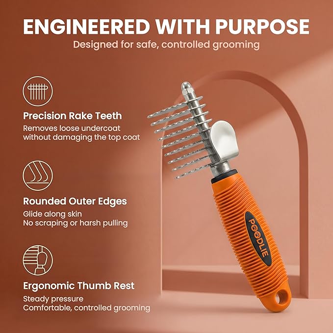 Poodle Dematting Fur Rake Comb Brush for Dogs and Cats - Long 2.5" Steel Safety Blades Metal Comb for Detangling Matted or Knotted Undercoat Hair (Orange)