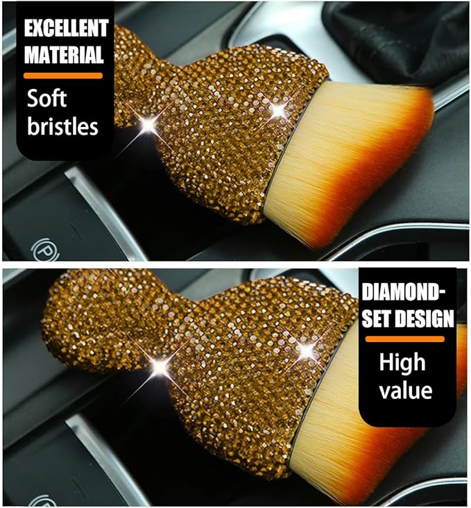 zipelo Auto Interior Dust Brush, Car Detailing Cleaning Brush with Diamond, Bling Handle Soft Bristles Dusting Tool, Scratch Free Dirt Clean Brushes for Vehicle Air Conditioner Vent (Light Brown)