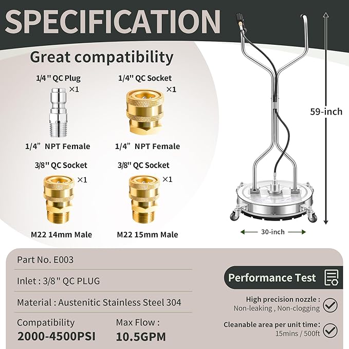LidoDola 30'' Pressure Washer Surface Cleaner with 4 Wheels - Stainless Steel Surface Cleaner for Pressure Washer Attachment for Concrete, Driveway, Patio, Sidewalk, Deck and Driveways