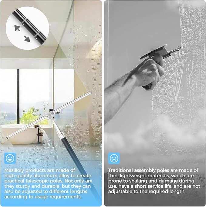 16.7“- 59.5" Long Handle Window Squeegee with Extension Pole, 12.4" Wide Metal Shower Squeegee for Glass Doors, 2-in-1 Squeegee for Home Window Cleaning, Tile Wall, Car (Silver)