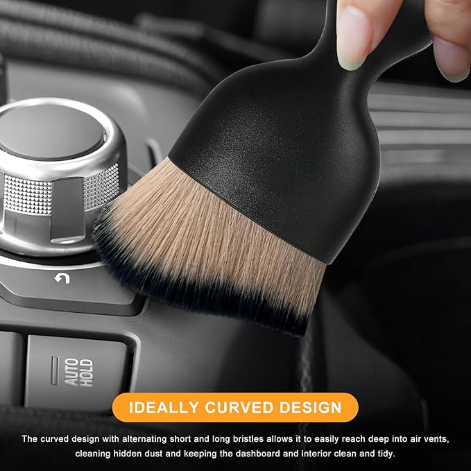 Car Interior Detailing Brush, Curved Car Interior Cleaning Brush with Ultra Soft Bristles & Dust Cover, Scratch-Free Auto Dusting Brushes for Dashboard AC Vent Leather (Brown & Black)