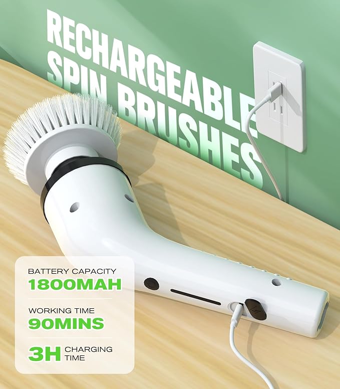 Electric Spin Scrubber for Cleaning,Cordless Waterproof Bathroom Shower Brushes with 9 Heads,1.5H Power Dual Speed Cleaner with Extendable Handles for Bathtub Floor Kitchen Wall