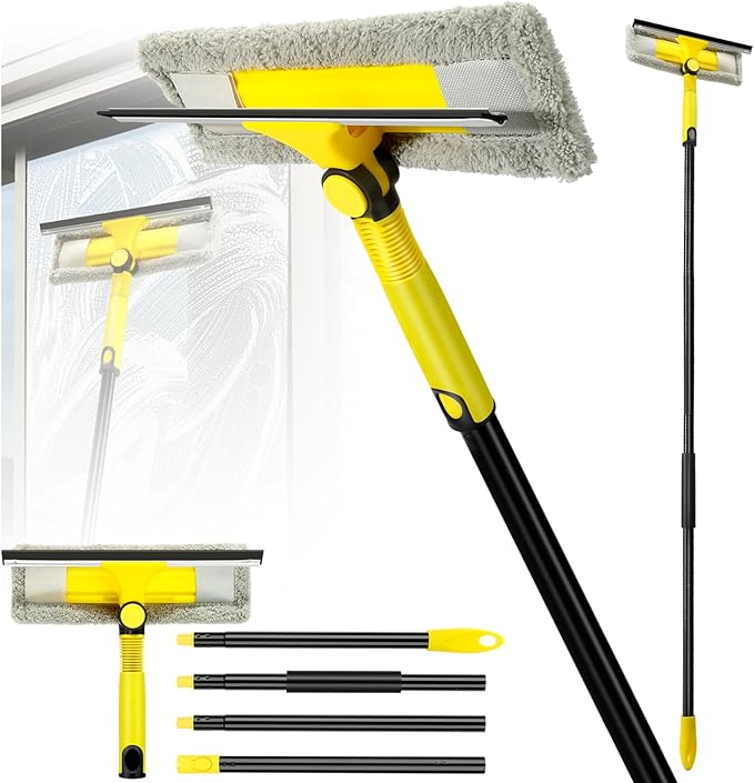 Window Squeegee with Extension Pole for Home, Professional Squeegee for Window Cleaning Tool Kit with Scrubber, 2 in 1 Rotatable Window Washing Kit for Car Glass Shower Indoor & Outdoor High Windows