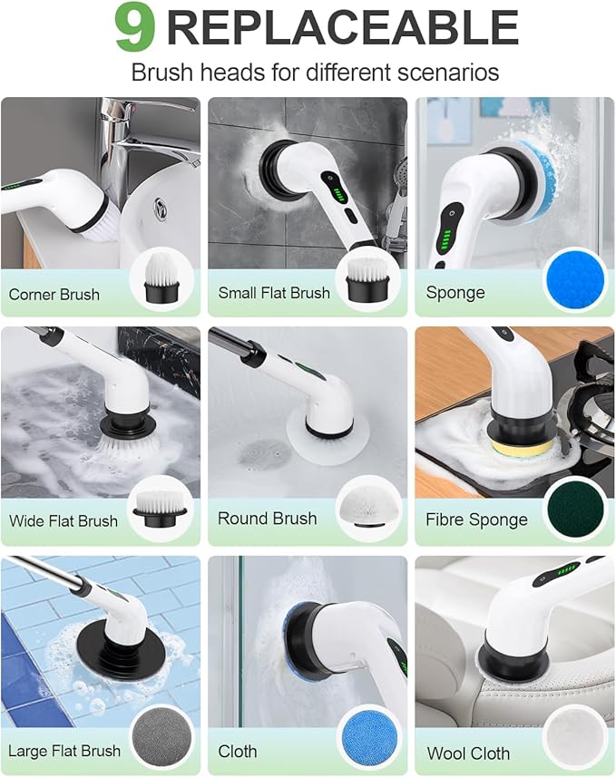 Electric Spin Scrubber, Cordless Power Cleaning Brush with 9 Replaceable Heads, Rechargeable Shower Scrubber with Adjustable Handle, IPX7 Waterproof Scrubber for Bathroom Tile Car,White-ra1
