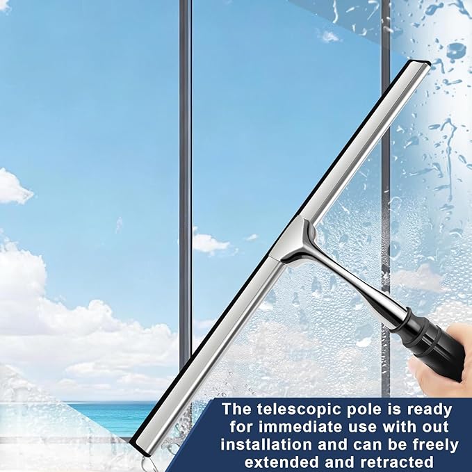 17'' - 60'' Metal Squeegee with Extension Pole for Window,Glass Door,Mirror, 12'' Wide Telescopic Shower Squeegee Cleaner with Long Handle (60'' Telescopic Pole Squeegee)
