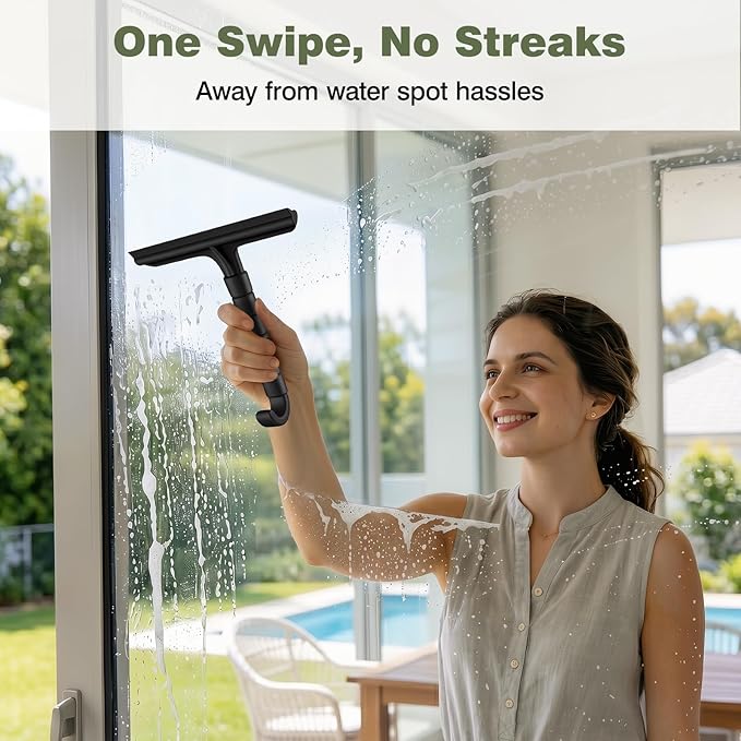 Roylvan Silicone Shower Squeegee, All-in-One Shower Squeegee for Glass Doors with Built-in Hook, Household Window Mirror Cleaner for Bathroom Glass Kitchen Tile Wall Car, Black