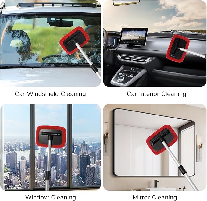 Qydipclin 11pcs Windshield Cleaner Tool, Car Window Cleaning Wash Kit with 6 Reusable Microfiber Pads 2 Spray Bottles and Extendable Handles Auto Glass Wiper Kit, Red