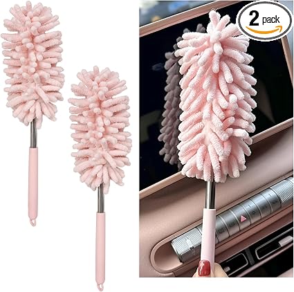 2PCS Car Interior Duster with Extension Pole, 11.8" to 30.5" Retractable Dusters Auto Dash Cleaning Tool, Soft Chenille 