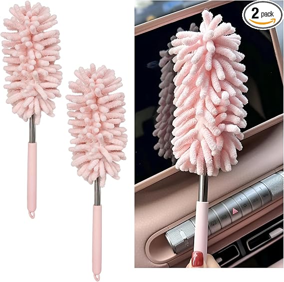 2PCS Car Interior Duster with Extension Pole, 11.8" to 30.5" Retractable Dusters Auto Dash Cleaning Tool, Soft Chenille 