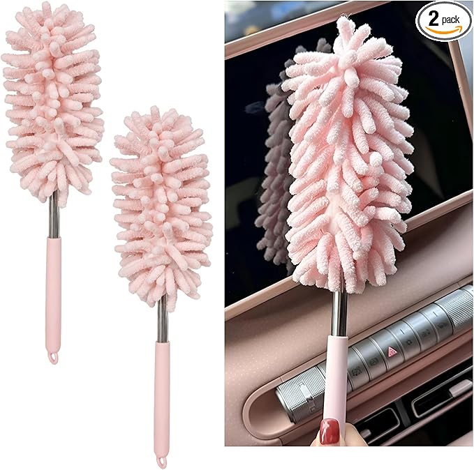 2PCS Car Interior Duster with Extension Pole, 11.8" to 30.5" Retractable Dusters Auto Dash Cleaning Tool, Soft Chenille Hand Washable Dusters for Car Window Furniture Office (Light Pink)
