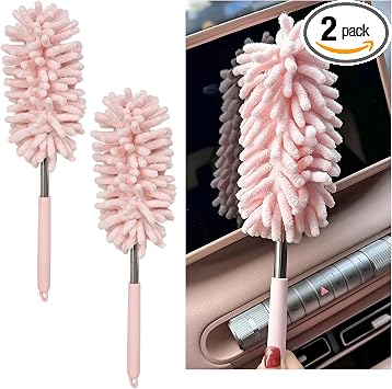 2PCS Car Interior Duster with Extension Pole, 11.8" to 30.5" Retractable Dusters Auto Dash Cleaning Tool, Soft Chenille 