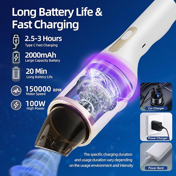 Cordless Car Vacuum Cleaner with UV Light, 2-in-1 Suction & Blower, Mini Handheld Vacuum with HEPA Filter, LED Light, 4 Nozzles for Deep Cleaning Home, Sofa, Pet Hair, Keyboard (White)