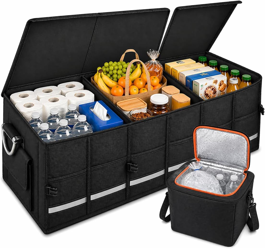 Car Trunk Organizer for SUV, 112L with Cooler Bag, Lid and Dividers