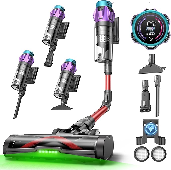 Ultenic Cordless Vacuum Cleaner, 55KPA/650W/80Mins, Cordless Stick Vacuum with 180°Bendable Wand, Touch Screen, Anti-Tangle Brush, Self-Standing, Vacuum Cleaners for Home/Floor/Pet Hair/Carpets