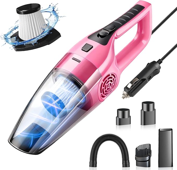 Car Vacuum Cleaner – 9000PA High Power Suction, DC 12V Portable Handheld Auto Vacuum with Attachments, Mini Car Interior Cleaner for Pet Hair, Dust, Crumbs, and Debris (Blush Pink)