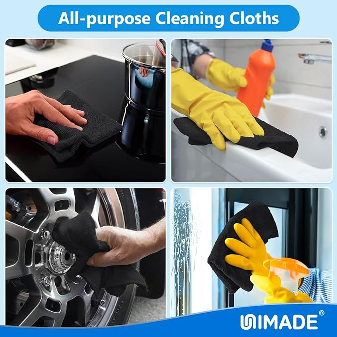 UNIMADE Microfiber Cleaning Cloth, 50 Pack Microfiber Towels for Cars Reusable Shop Rags Bulk Lint Free Cleaning Towels for Car Kitchen Automotive Bar Mechanic Restaurant Garage, 11.5"x 11.5", Black