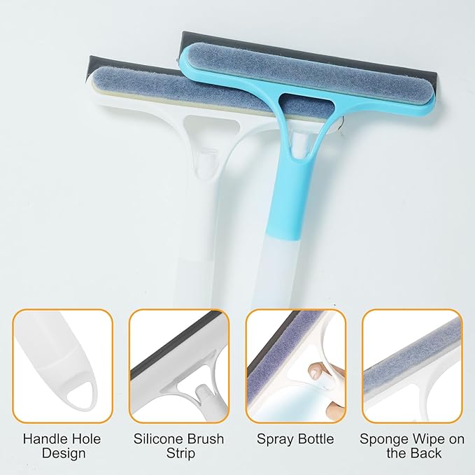 Pro 3 in 1 Window Cleaning Scraper with 2 Replaceable Cleaning Cotton Strips, 3 in 1 Spray Squeegee, Window Squeegee, Suitable for Cleaning Bathroom Glass, Mirrors, Car Windows (Blue)
