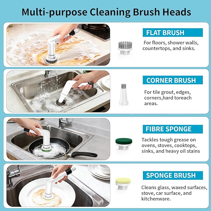 Electric Dish Scrubber, Mini Cordless Kitchen Cleaning Brush with 4 Replaceable Heads, 20W High-Torque Dual Speed, IPX7 Waterproof LED Display 90-120 Mins Runtime (ECB-S3)