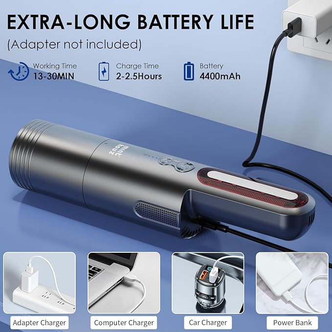 Minthouz Car Vacuum,Mini Portable Cordless Hand held Vacuum Powerful Suction Equipped with LED Light,Large Capacity Battery and USB 3.0 Fast Charging Tech,for Car,Home, Office