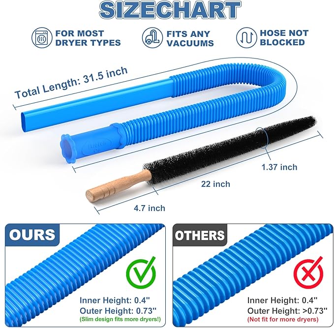 PetOde 2 Pieces Dryer Vent Cleaner Kit Compatible with Most Vacuum Cleaner, Dryer Lint Brush and Vacuum Hose Attachment with Universal Connector, Quickly Lint Remover