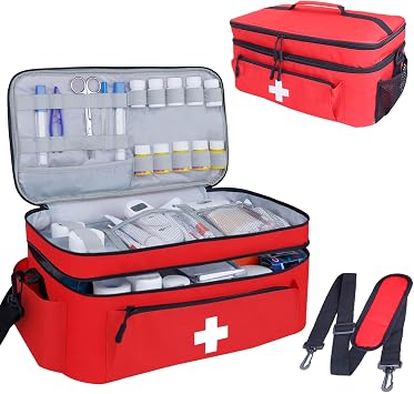 ALSLEA First Aid Bag Empty Large 2 Layer Medical Bag with Shoulder Strap 16”x 9½” x 7” Medicine Organizer Box Travel Fir