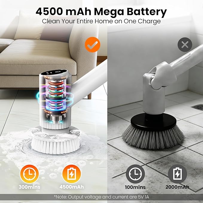 Electric Spin Scrubber, 4500mAh Cordless Cleaning Brush, 6 Brush Heads, Touch Control, 47" Adjustable Handle Relieves Back Pain, IPX7 Waterproof Power Scrubber for Bathroom Shower Floor Tile Bathtub.