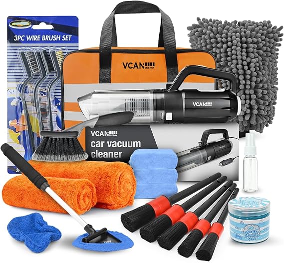 VCANENERGY Car Cleaning kit, Car Interior Detailing kit with 10000pa Car Vacuum Cleaner, Detailing Brush Set, Wheel Brus