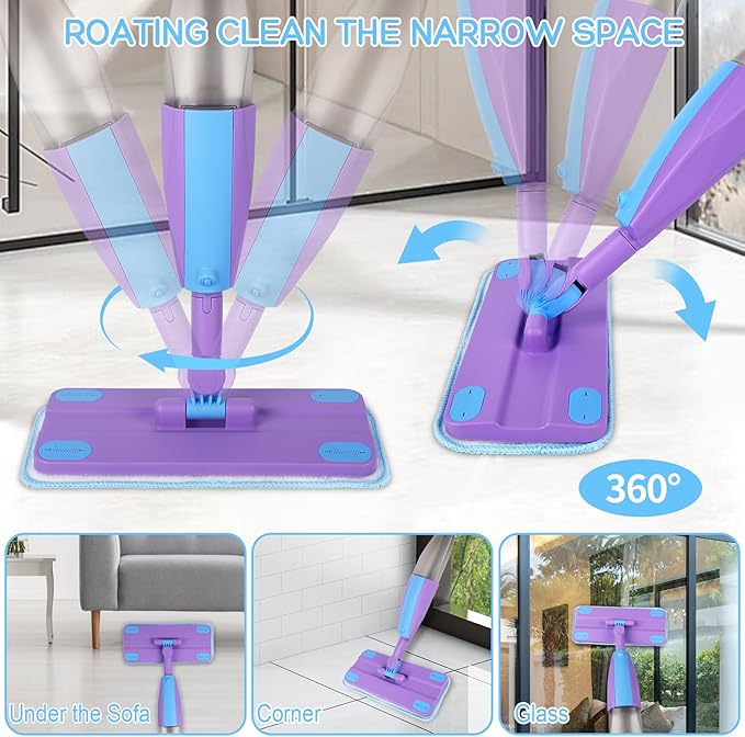 Kids Spray Mop, Real Working Toddler Cleaning Set with Water Sprayer & 2 Washable Mop Pads & Scraper, Pretend Play Montessori Housekeeping Toys Gifts for Toddlers Kids Girls Boys (Blue&Purple)