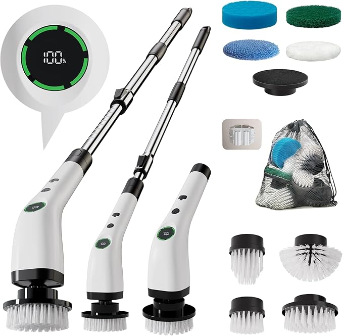Electric Bathroom Cleaning Brush, Cordless Spin Scrubber Full Body Waterproof IPX7 with Adjustable Handle, 8 Replaceable Brush Heads for Bathtub/Kitchen/Window/Home -SD-CTB01
