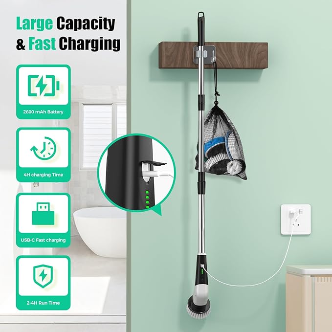 YKYI Electric Spin Scrubber, Cordless Power Scrubber Cleaning Tool with 8 Replaceable Heads and Extension Handle for Bathroom, Tub, Tile, Floor, Grout and Car (White)