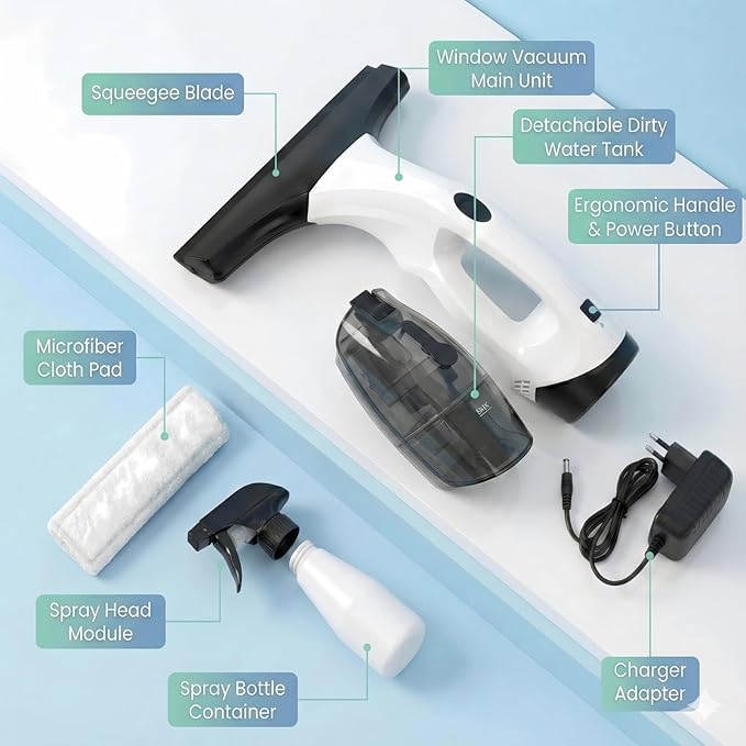 Electric Window Vacuum Squeegee, 2200mAh & 2000Pa Cordless Window Cleaner Tool with 150ml Water Collection Tank, Window Cleaning Kit for Shower Glass, Car, Door, Mirror, Home