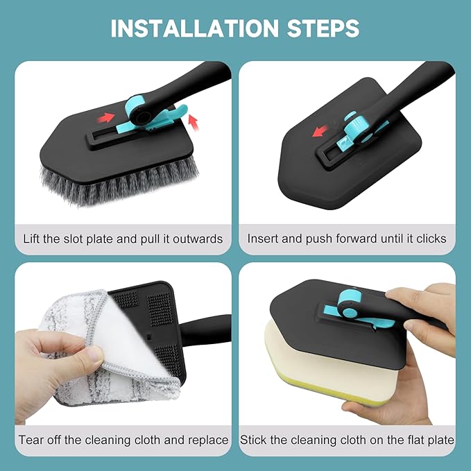 nacena Shower Scrubber with Long Handle, 4 in 1 Tile Tub Scrubber Brush with 3 Detachable Cleaning Heads and V-Shaped Grout Brush Shower Cleaner Brush for Bathroom Kitchen Toilet Tub Sink Wall, Black
