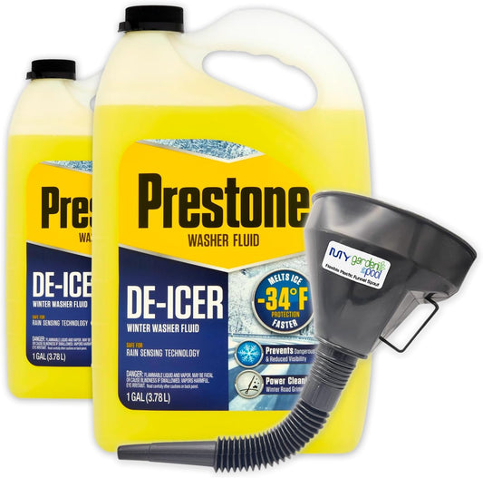 Prestone De-Icer Winter Washer Fluid -34 F, Two Pack, 2 x 1 Gallon - Cold Weather Defense for Windshields Plastic Funnel Spout for Easy Pouring Hard-to-Reach Vehicles
