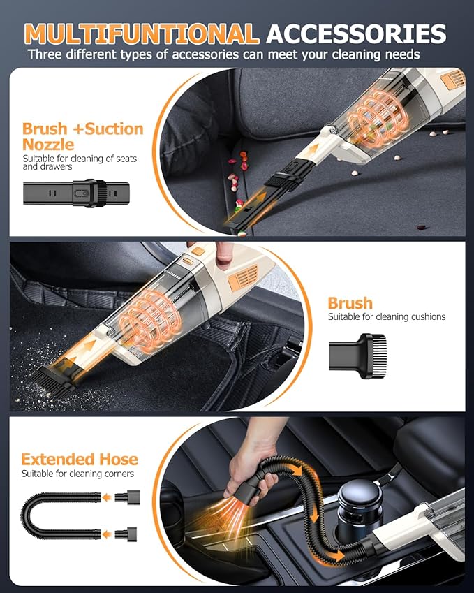 BQYPOWER Handheld Vacuum Cordless, 16000PA Strong Suction Hand Held Vacuum Cordless Rechargeable with Multiple Accessories, Portable Car Vacuum Cleaner High Power for Car Home Office