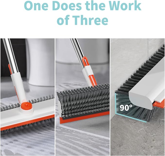 AIR U+ Floor Scrub Brush with Long Handle, 3 in 1 Scrape and Heavy-Duty Stiff Bristle Scrubber Brush for Cleaning Shower Bathroom, Patio, Pool, Garage, Kitchen, Wall and Deck, White and Orange