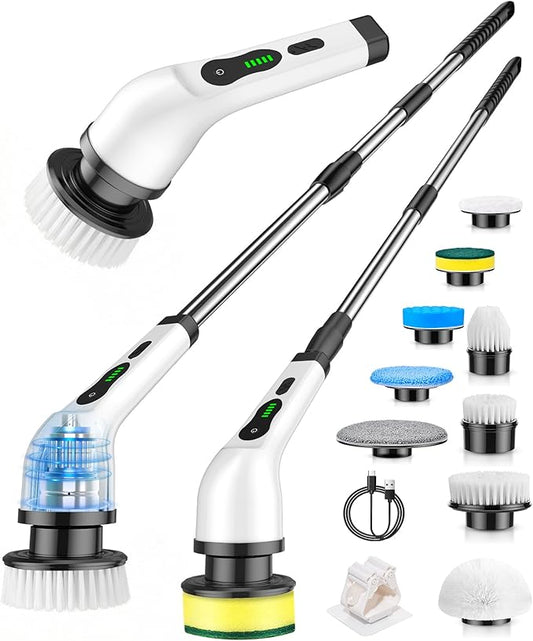 Electric Spin Scrubber, Cordless Power Cleaning Brush with 9 Replaceable Heads, Rechargeable Shower Scrubber with Adjustable Handle, IPX7 Waterproof Scrubber for Bathroom Tile Car,White-ra1