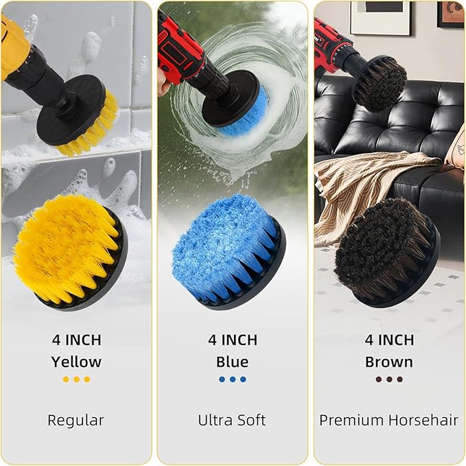 15 Pcs Drill Brush Attachments Set Fluffy Soft and Hard Bristles Horsehair Brush Cleaning Kit Scrub Sponge Polishing Pads for Home Bathroom Car Kitchen Corners Sink Stubborn Stains Tiles