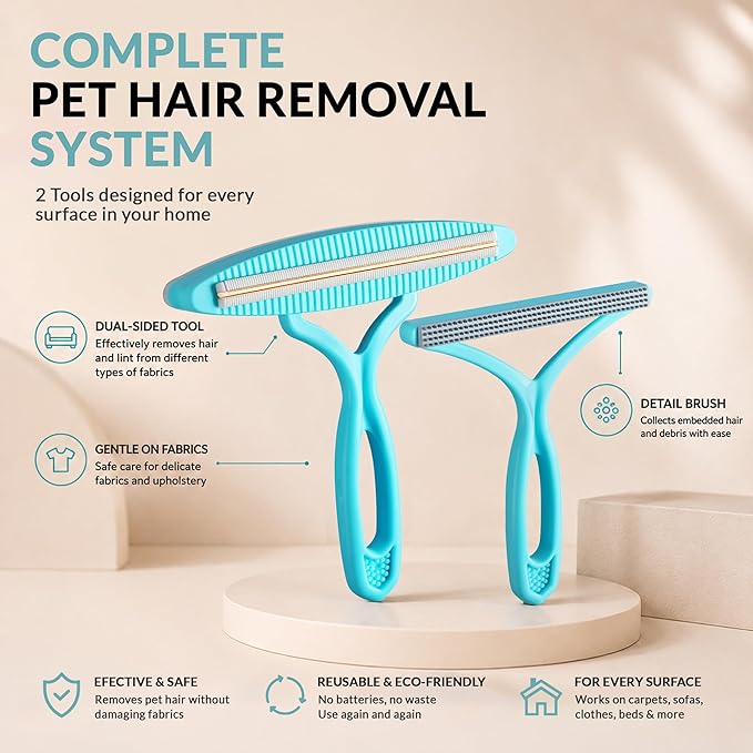 2 Pack Set Pet Hair Removal Tool – Dual-Head Copper & Plastic Scraper for Carpet, Furniture & Car, Reusable Lint Remover for Embedded Dog & Cat Hair